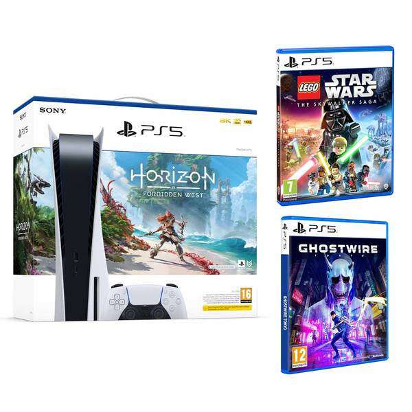 PlayStation 5 Disk Drive Console + Forbidden West + Lego Star Wars + GhostWire Tokyo
