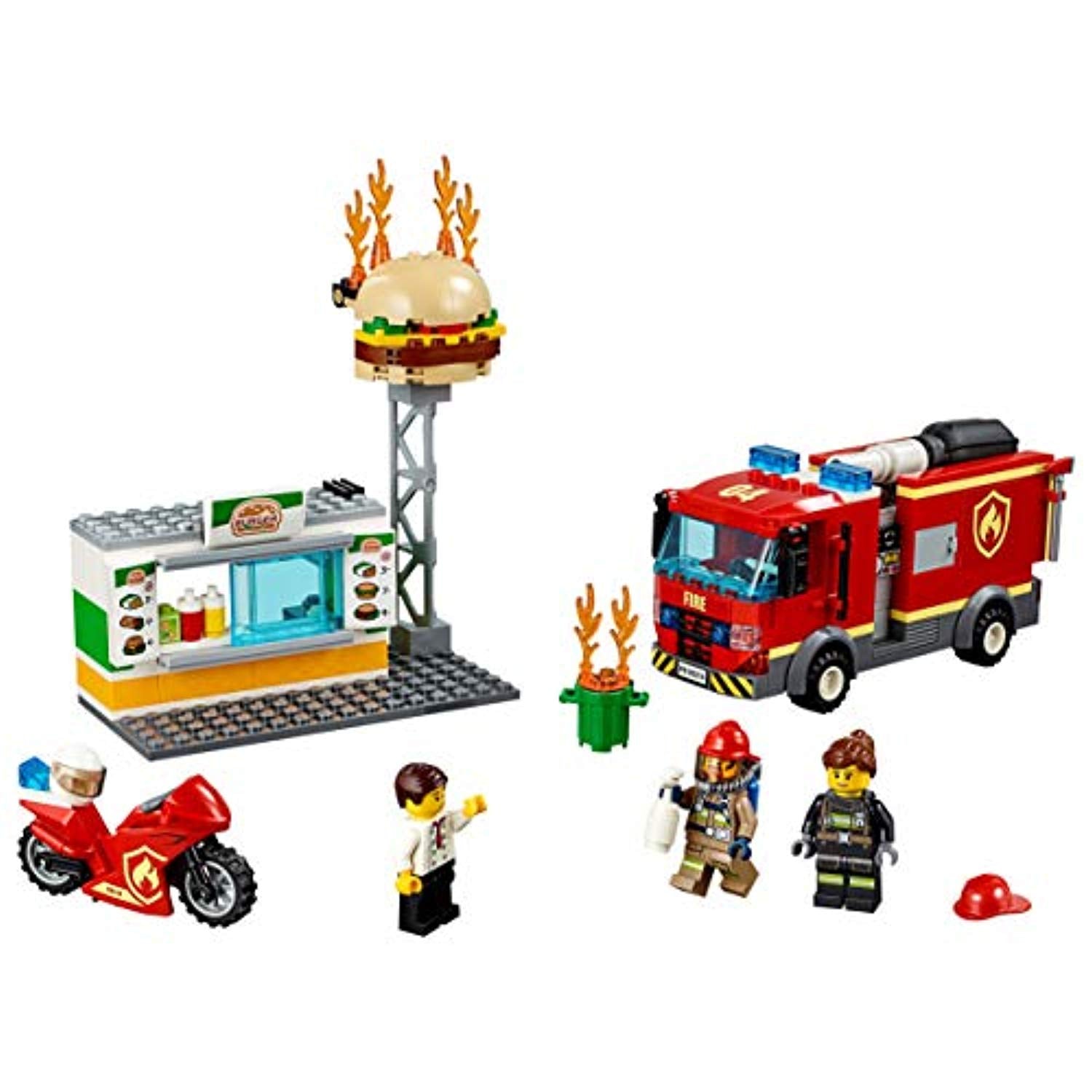 LEGO 60214 City Fire Burger Bar Fire Rescue Building Set with Fire Engine Truck and Motorbike Toy Vehicles, Fireman Minifigure and Fire Response Unit Accessories - Offer Games