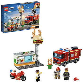 LEGO 60214 City Fire Burger Bar Fire Rescue Building Set with Fire Engine Truck and Motorbike Toy Vehicles, Fireman Minifigure and Fire Response Unit Accessories - Offer Games